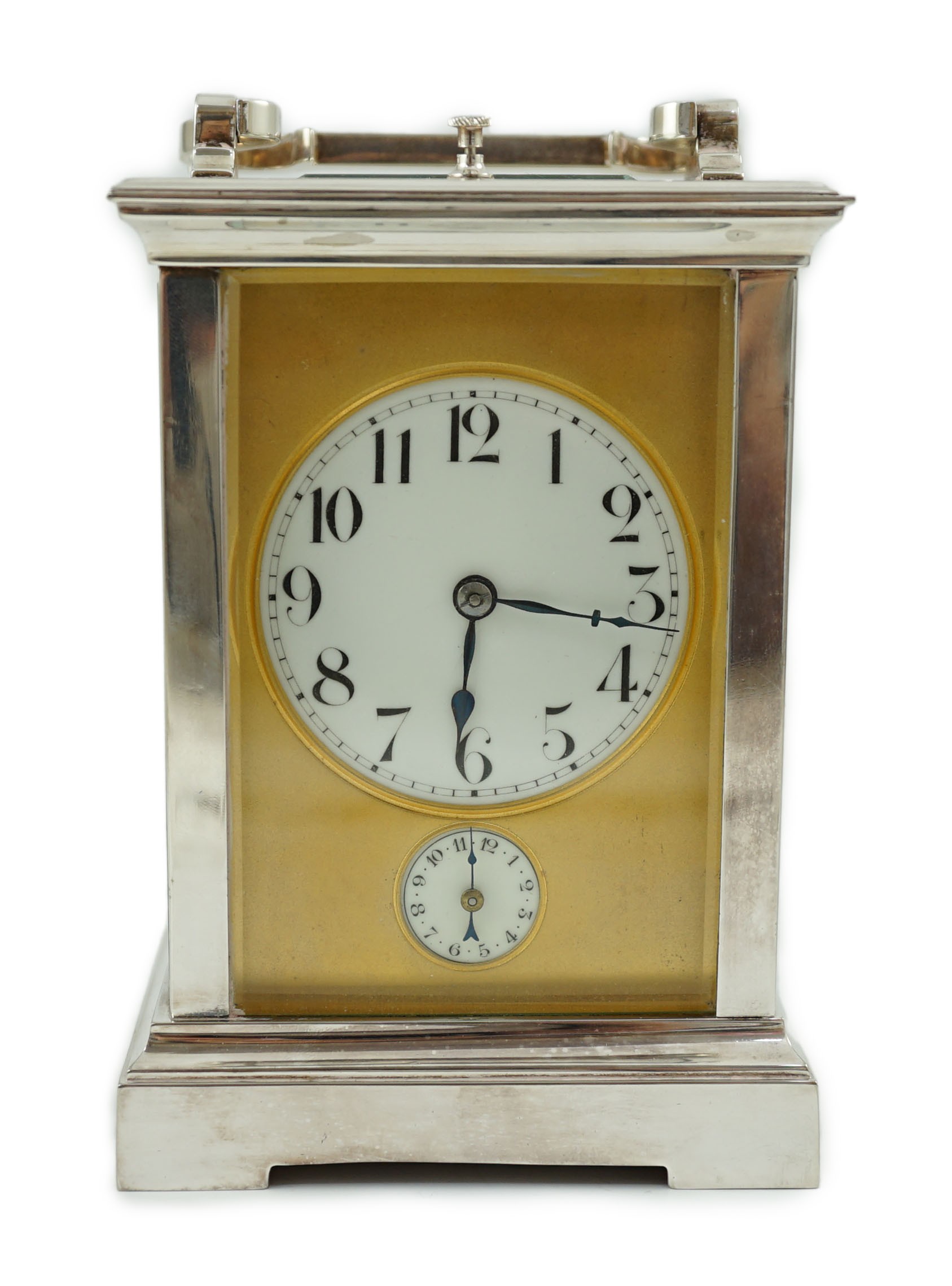 An early 20th century silver plated sonnerie carriage clock, width 9.5cm depth 8cm height 15cm